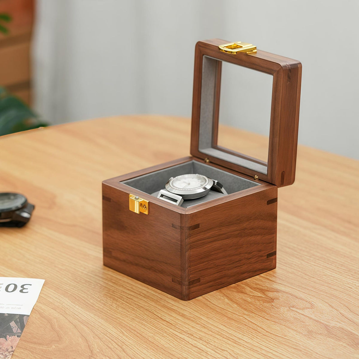 Walnut Wood Single Watch Box with Glass Lid, Luxury Watch Display Case, Handmade Wooden Watch Organizer, Gift for Men Husband Anniversary