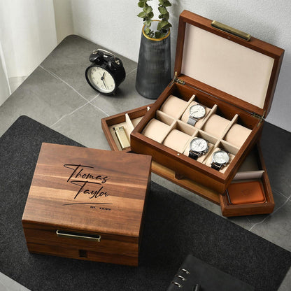 Men engraved jewelry organizers natural wood dresser top jewelry storage personalized husband 8 watch box for men vanity edc box