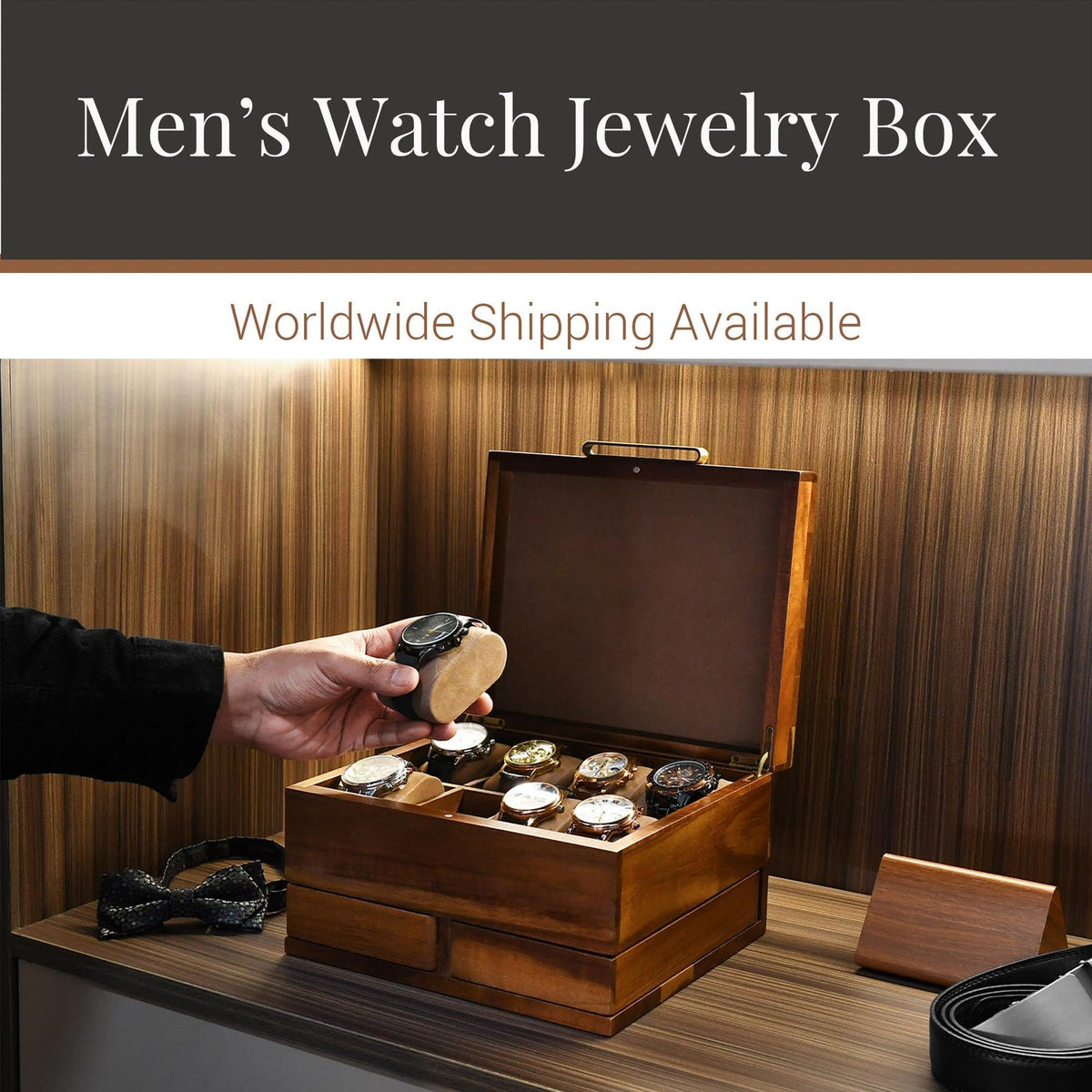 Men engraved jewelry organizers natural wood dresser top jewelry storage personalized husband 8 watch box for men vanity edc box