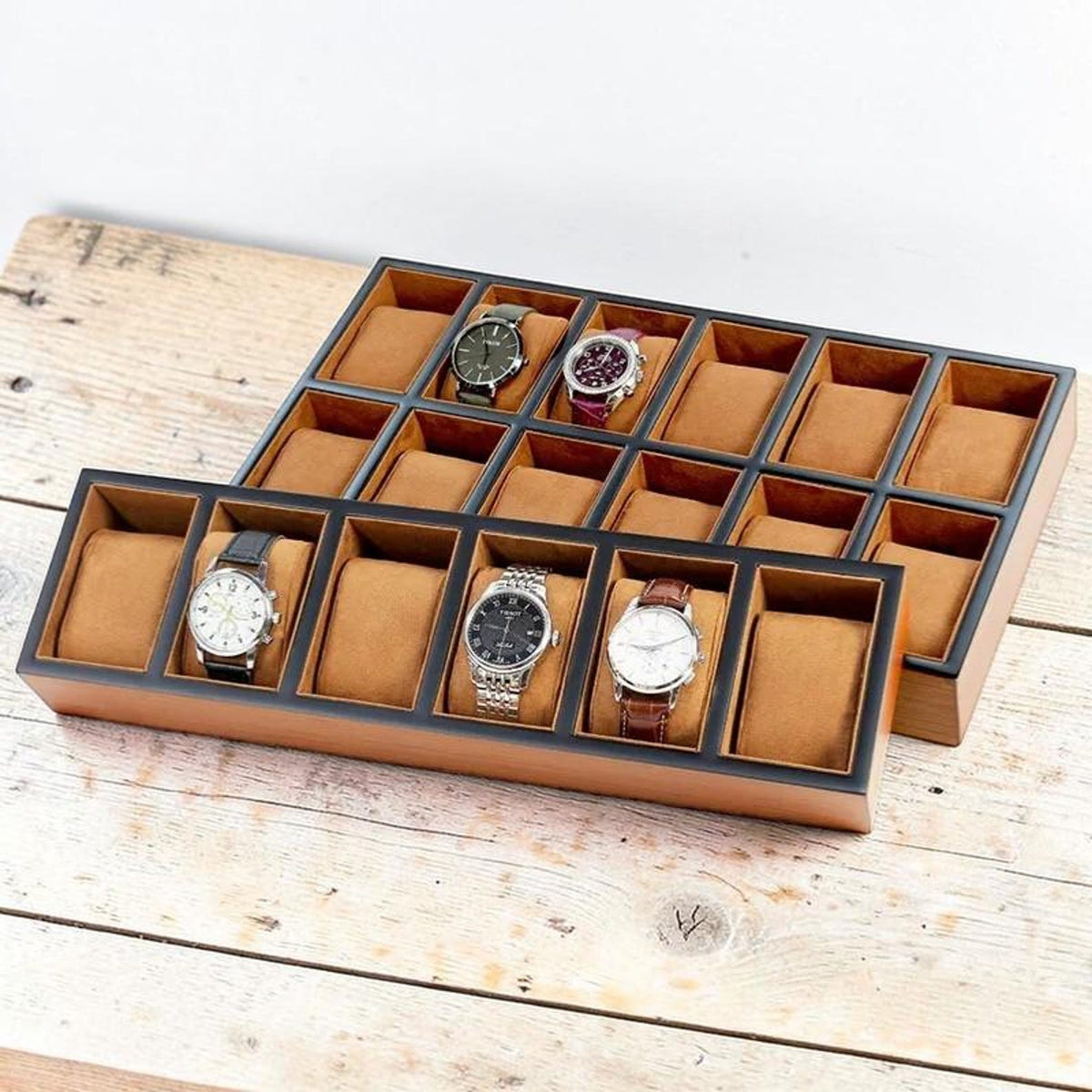 Luxury Wood Watch Tray for Drawer & Closet | Large Capacity Watch Organizer 6, 12, 18, 30 Slots | Professional Watch Display Case