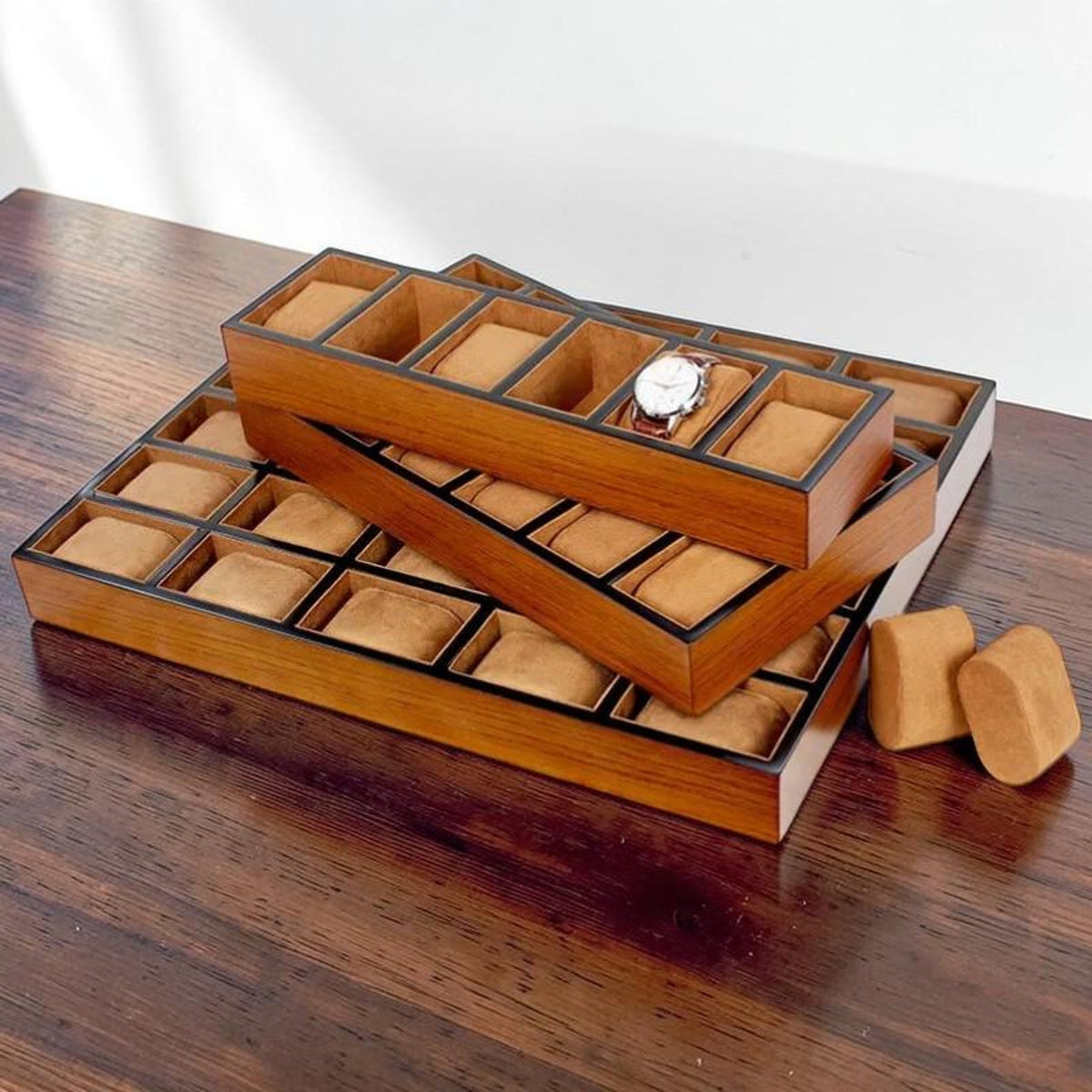 Luxury Wood Watch Tray for Drawer & Closet | Large Capacity Watch Organizer 6, 12, 18, 30 Slots | Professional Watch Display Case