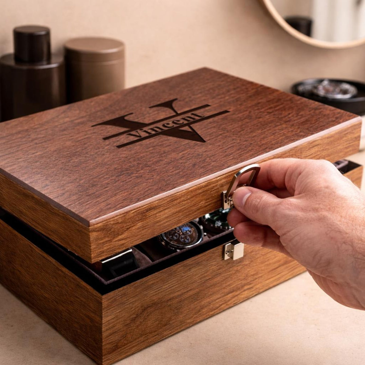 Engraved Wooden Watch Box for Men, Walnut Watch Organizer 3 4 6 8 10 Slot Wood Lid Watch Storage Case Gift for Husband Dad