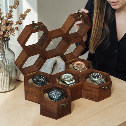 Honeycomb Wooden Watch Box | Handcrafted Hexagon Organizer