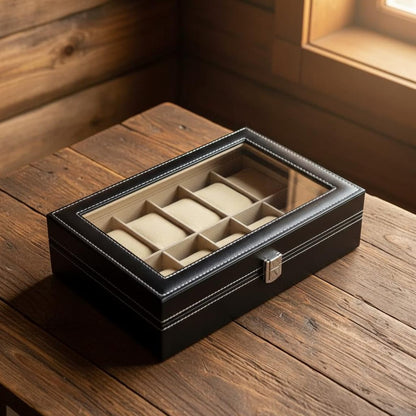 PU Leather Watch Display & Storage Box with Glass Top, Men's Watch Collection Organizer Case, Watch Holder Display Box, Gift for Him