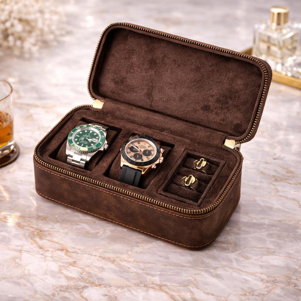 Personalized Leather Watch Box for Men, 3 Slot Watch Travel Case, Watch Roll with Ring & Cufflink Storage, Engraved Gift for Him