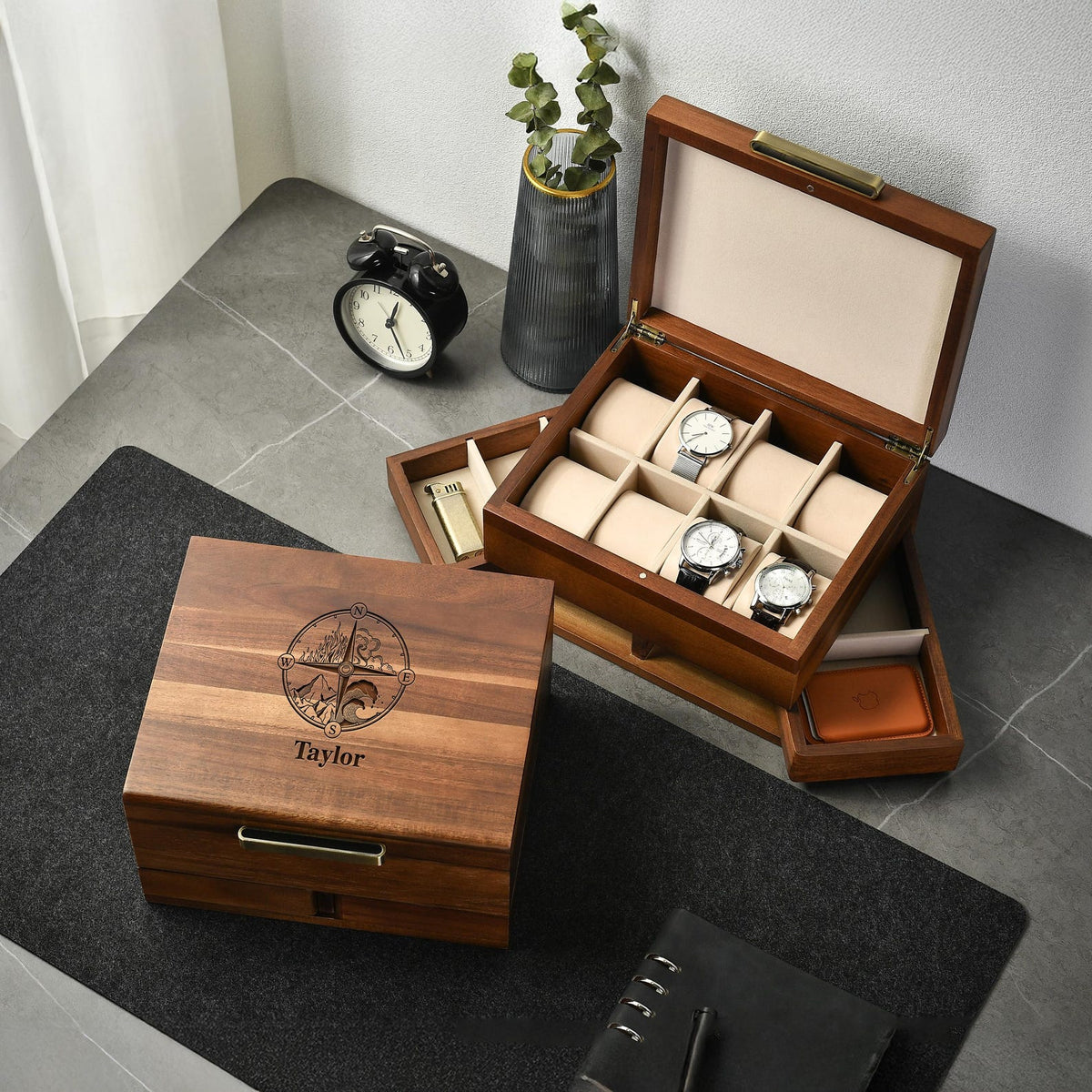Engraved Rustic Watch Box for Men Dresser Organizer with Divider Pillow Pull-Out Drawer Case for Men Jewelry Fathers Day or Valentine Gift