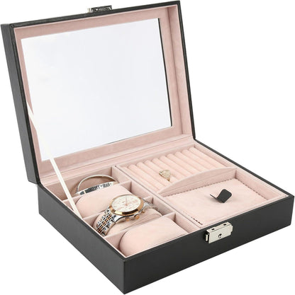 Personalized Jewelry Box, Engraved Initial Watch Case with Lock & Key, Suede Interior
