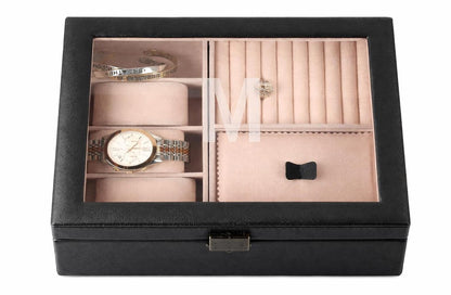Personalized Jewelry Box, Engraved Initial Watch Case with Lock & Key, Suede Interior