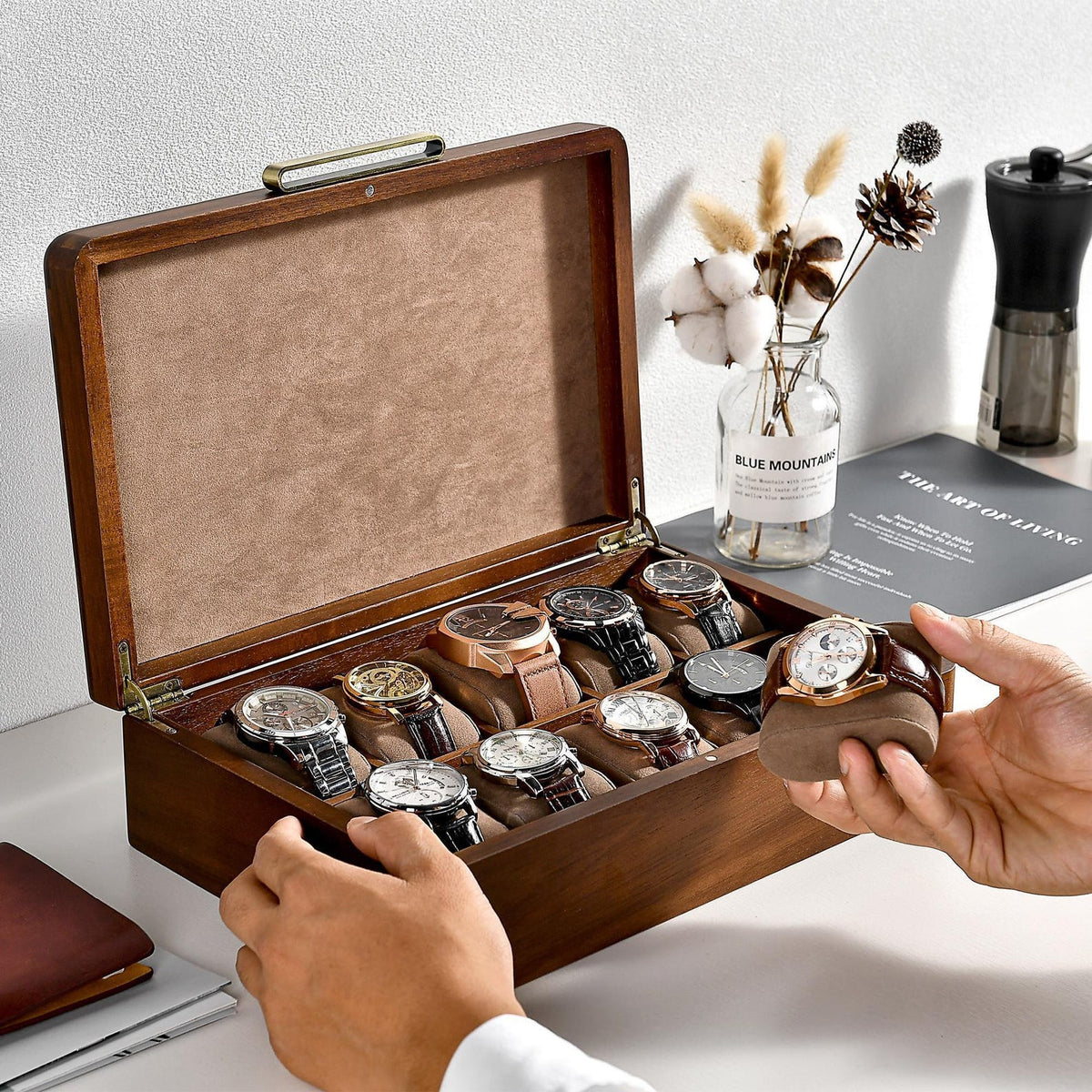 Engraved Wooden Watch Box for Men Promotion Gift Acacia Display Organizer Ten Slot Velvet Interior Collector’s Edition Luxury Office Decor