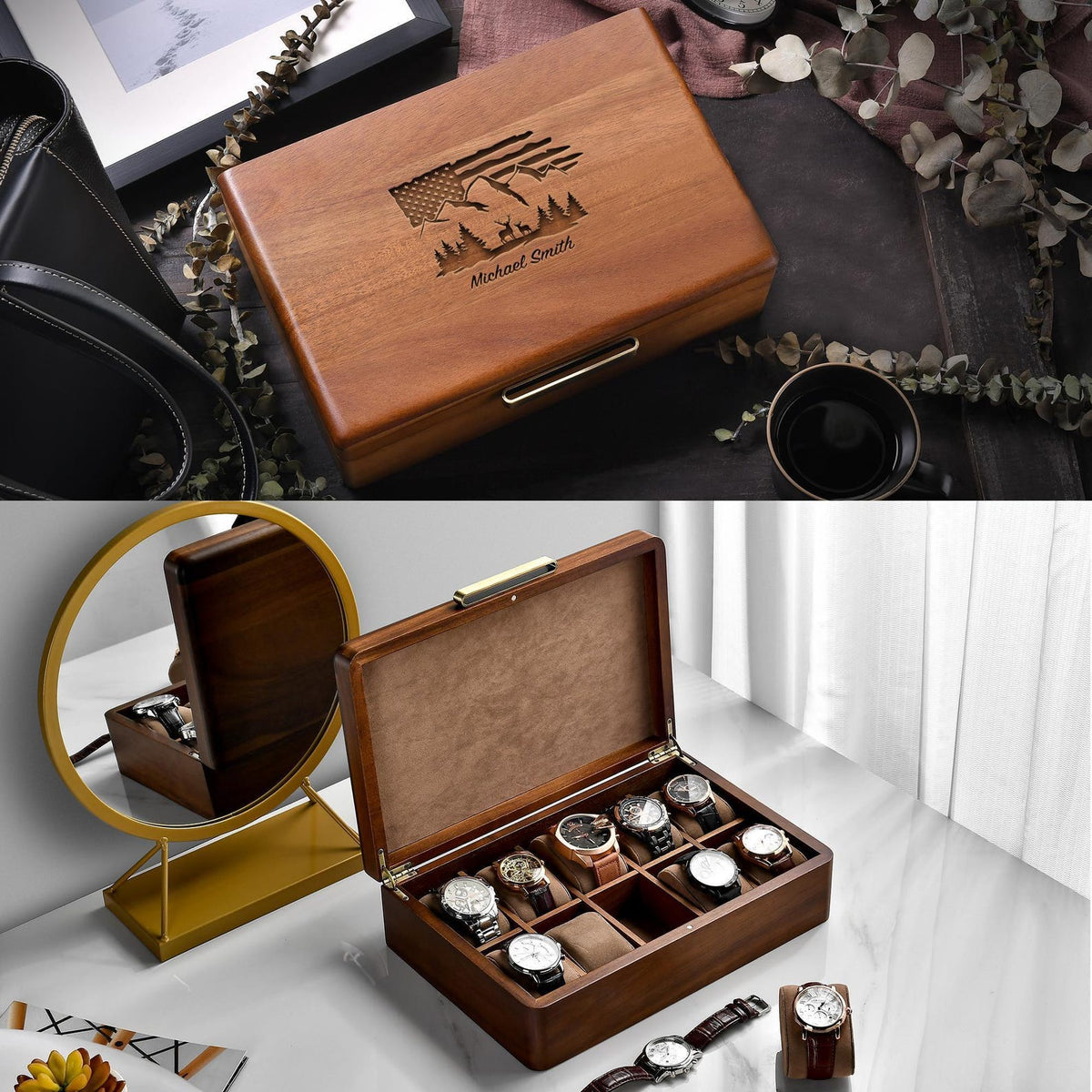 Engraved Wooden Watch Box for Men Promotion Gift Acacia Display Organizer Ten Slot Velvet Interior Collector’s Edition Luxury Office Decor