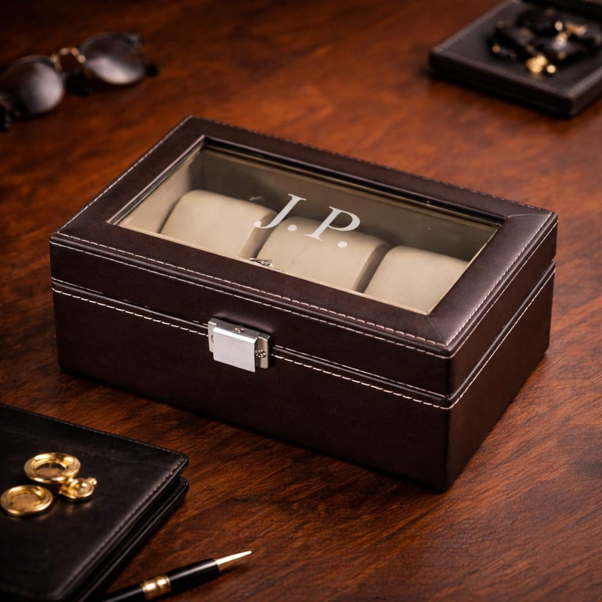 Personalized Father's Day Black Watch Box with Engraved Glass Lid