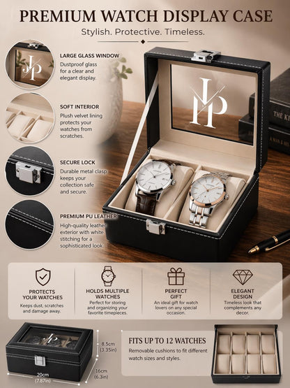 Personalized Father's Day Black Watch Box with Engraved Glass Lid
