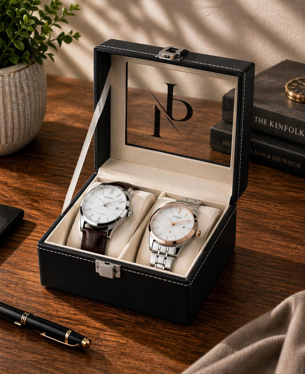Personalized Father's Day Black Watch Box with Engraved Glass Lid
