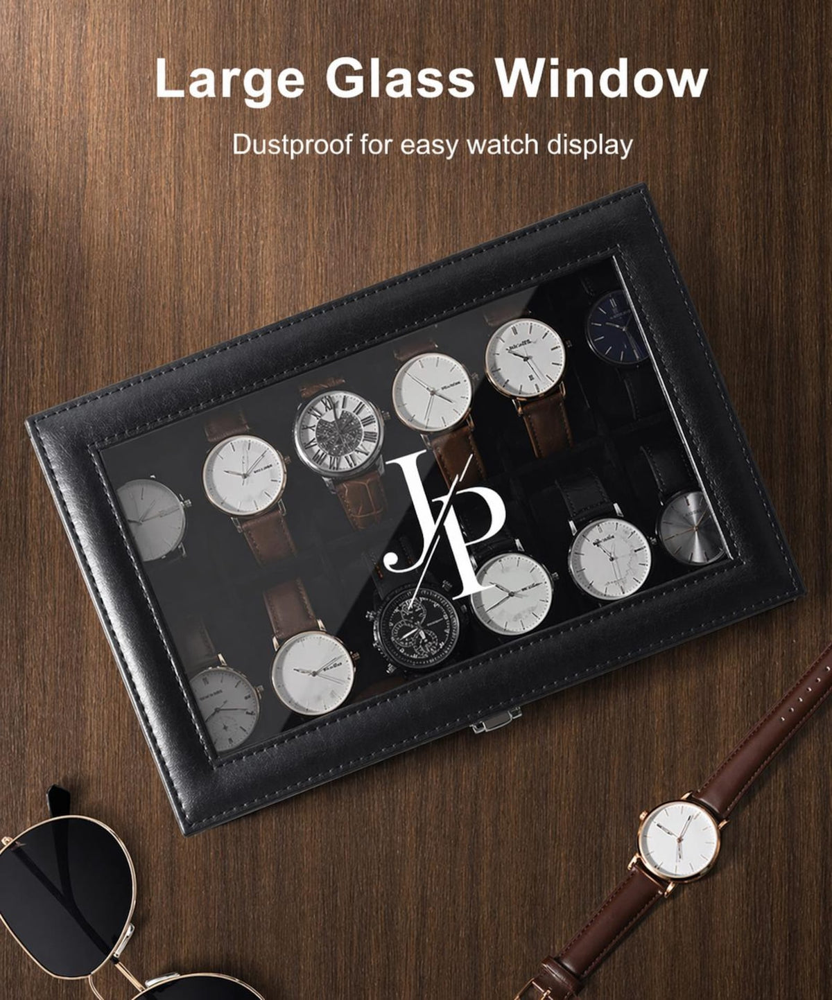 Personalized Father's Day Black Watch Box with Engraved Glass Lid