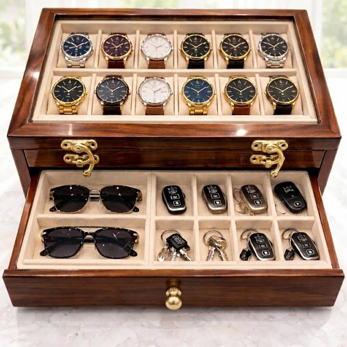 Rosewood Watch Box with Glass Lid | Luxury Watch, Sunglasses, Accessory Organizer