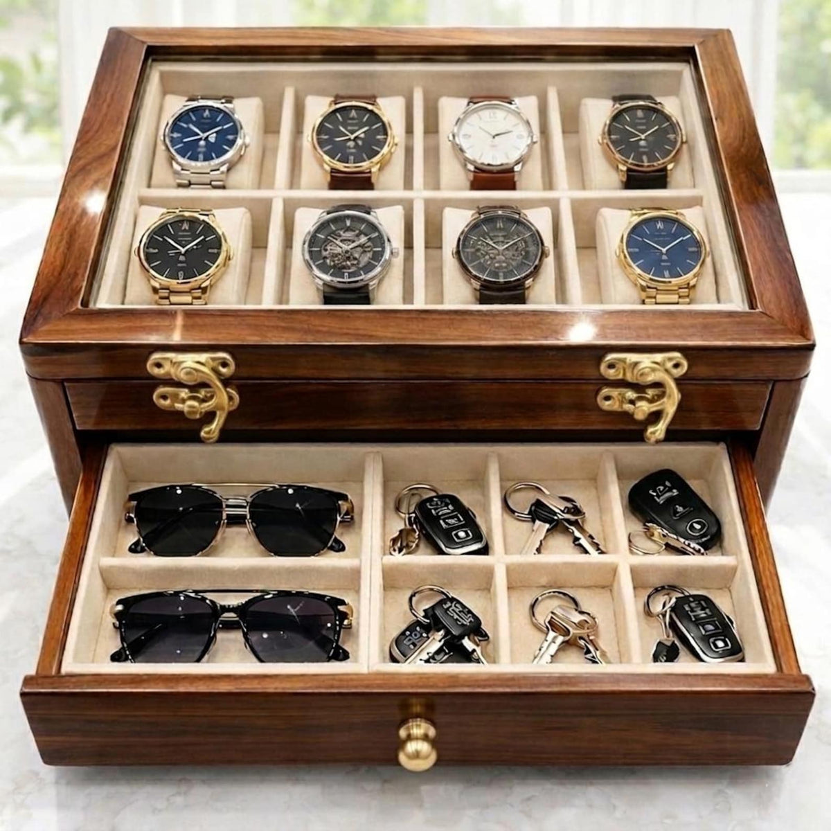 Rosewood Watch Box with Glass Lid | Luxury Watch, Sunglasses, Accessory Organizer