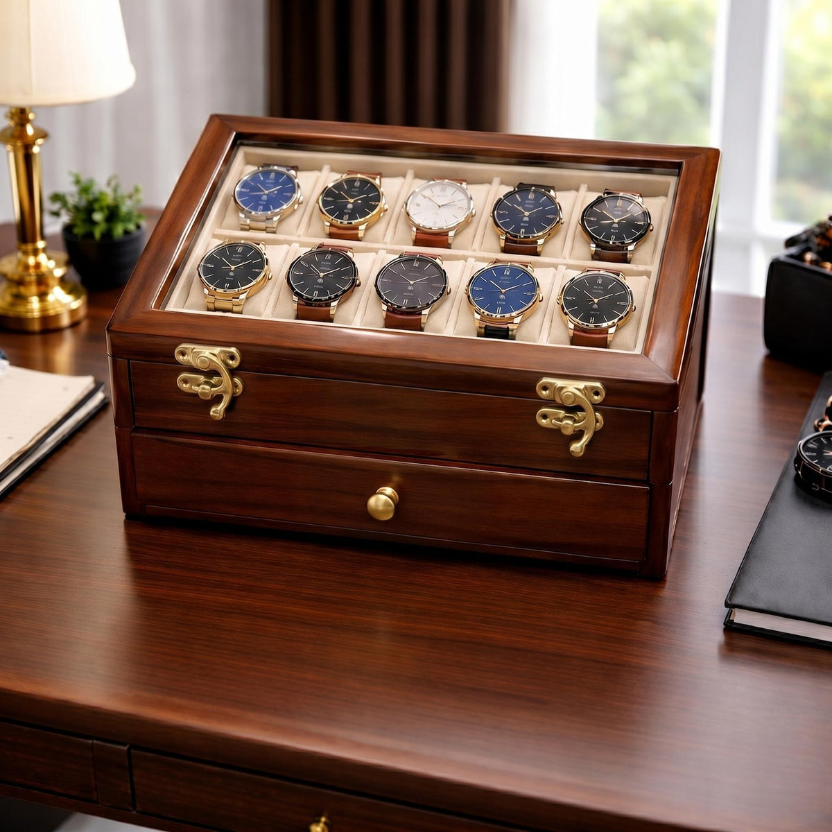 Rosewood Watch Box with Glass Lid | Luxury Watch, Sunglasses, Accessory Organizer