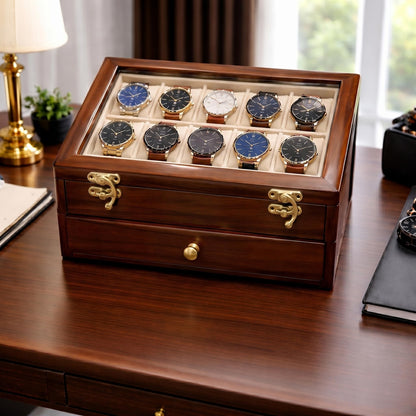 Rosewood Watch Box with Glass Lid | Luxury Watch, Sunglasses, Accessory Organizer