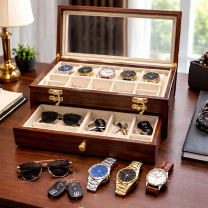 Rosewood Watch Box with Glass Lid | Luxury Watch, Sunglasses, Accessory Organizer