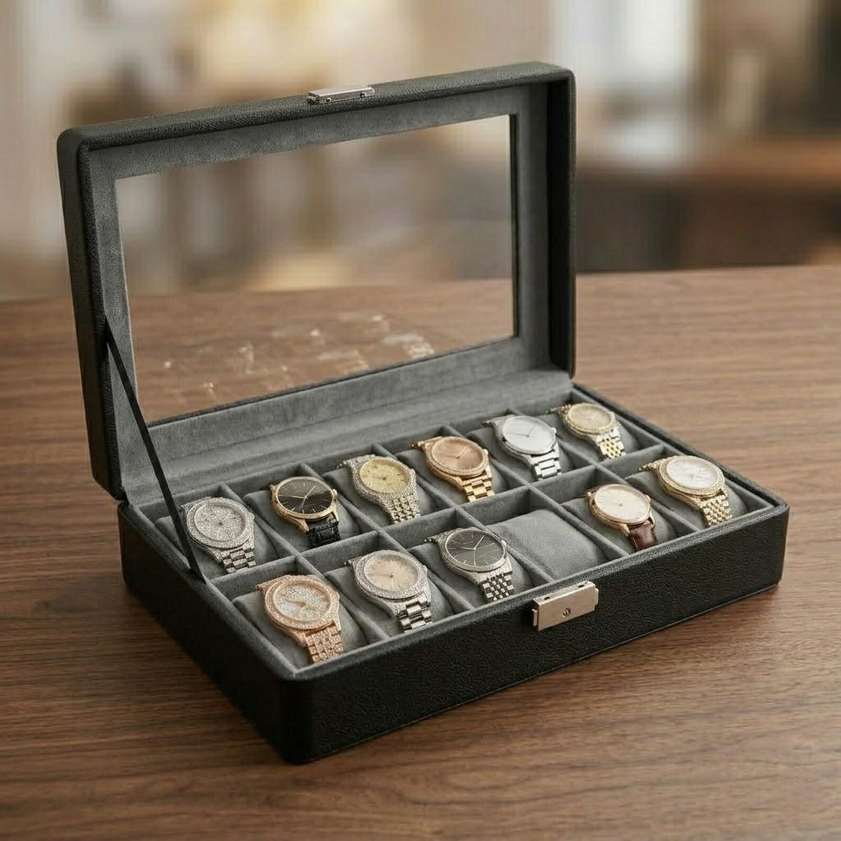 12 Slot Watch Storage Box with Glass Lid – Dustproof Watch Display Case