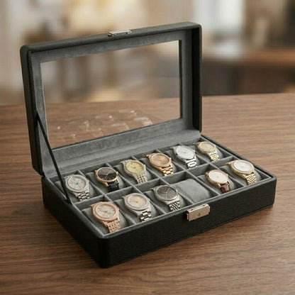 12 Slot Watch Storage Box with Glass Lid – Dustproof Watch Display Case