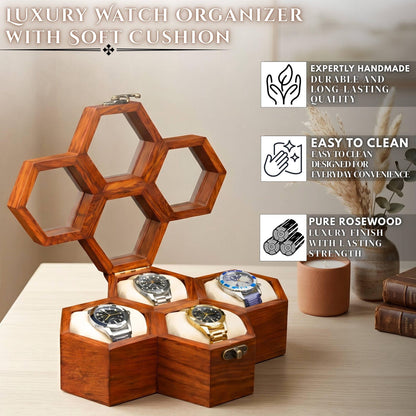 Rosewood Watch Box, Honeycomb Glass Lid Watch Organizer, Luxury Wooden Storage Case Handmade