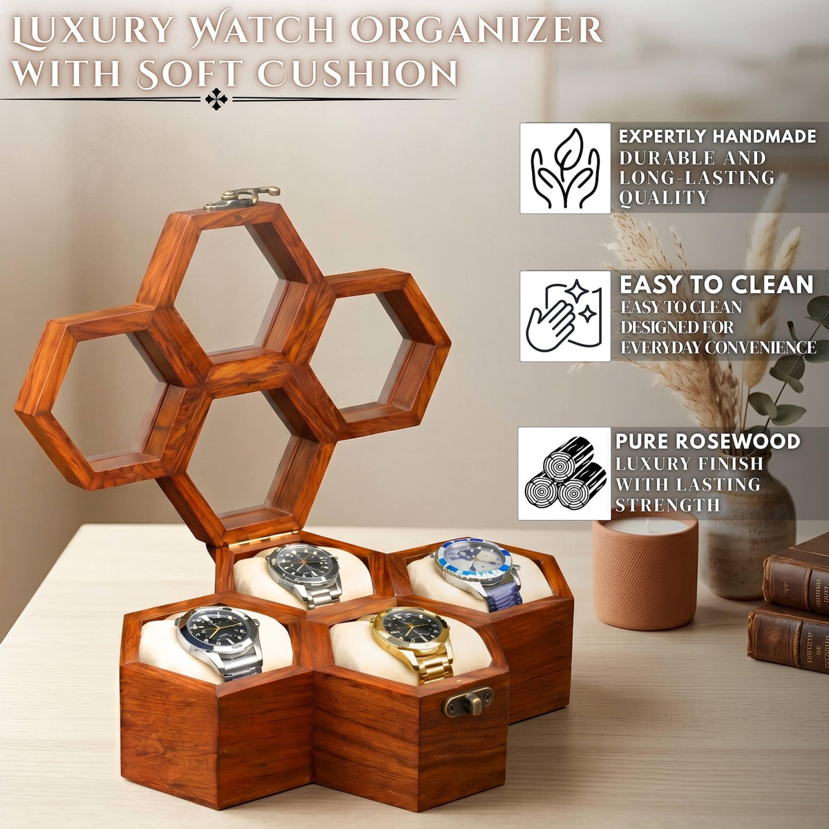 Handmade Rosewood Watch Box, Honeycomb Design, Glass Lid Organizer Case