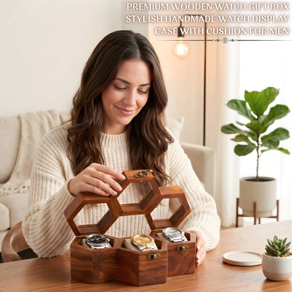 Handmade Rosewood Watch Box, Honeycomb Design, Glass Lid Organizer Case