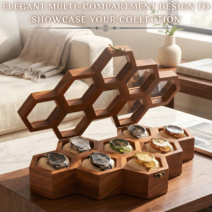 Handmade Rosewood Watch Box, Honeycomb Design, Glass Lid Organizer Case