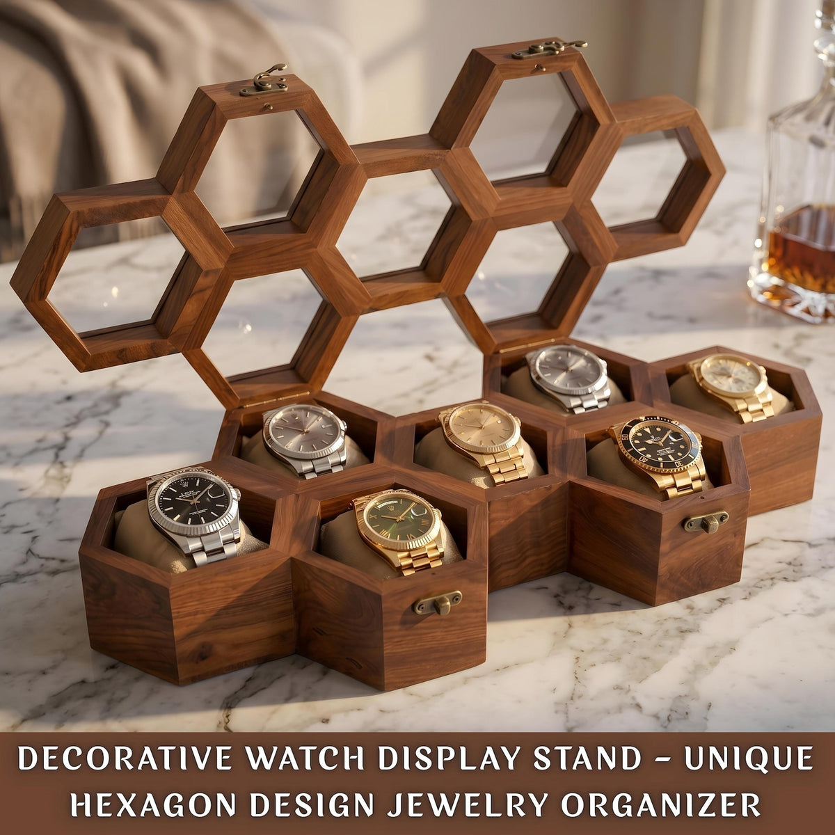 Handmade Rosewood Watch Box, Honeycomb Design, Glass Lid Organizer Case