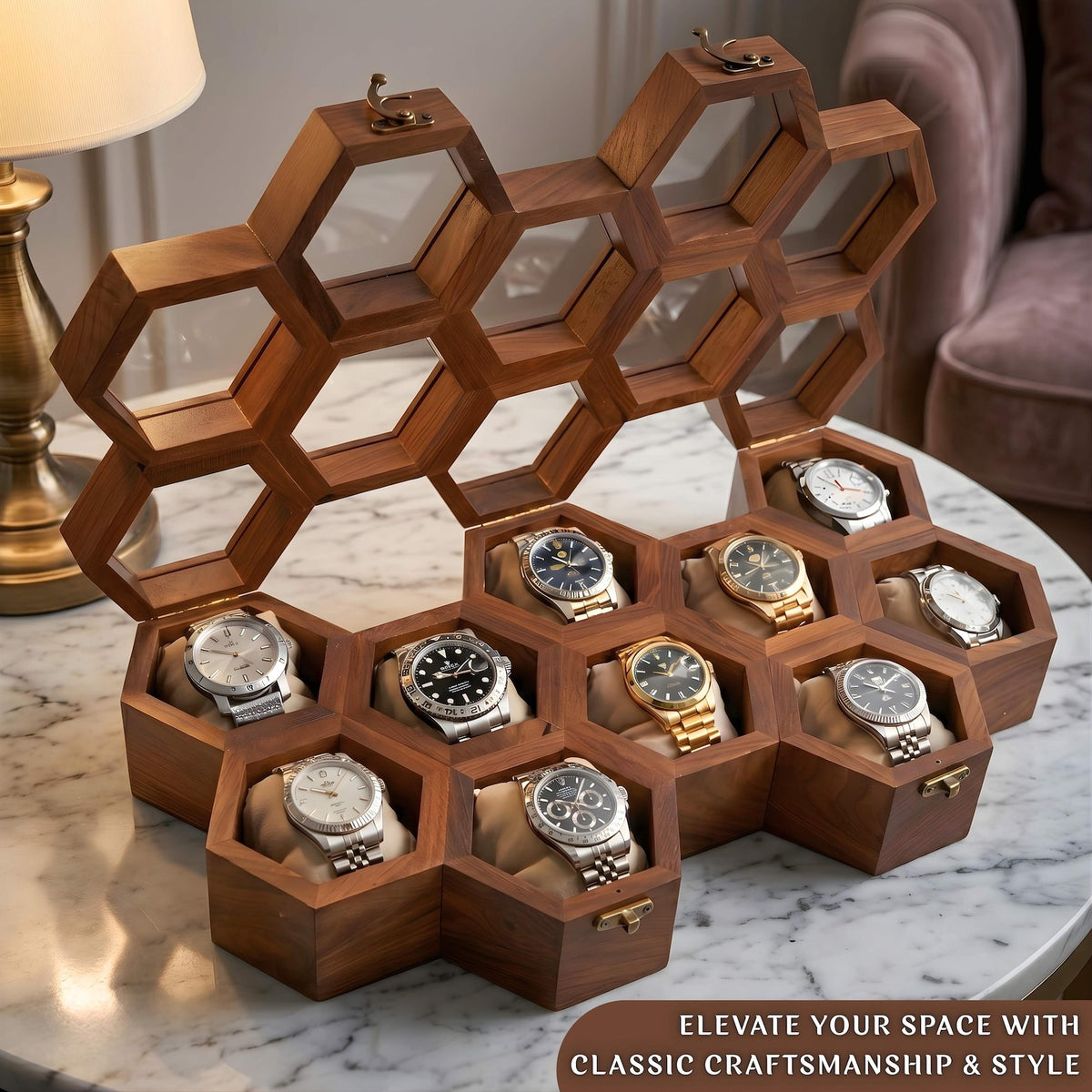 Handmade Rosewood Watch Box, Honeycomb Design, Glass Lid Organizer Case