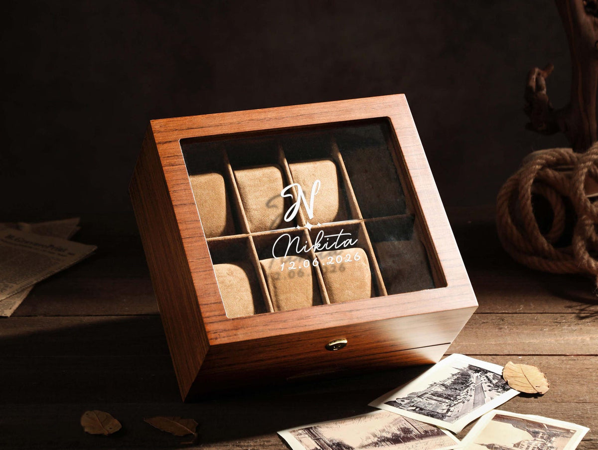Luxury Watch Case Dad Anniversary Present, Elegant Watch Box Wooden Storage Organizer Retirement Gift for Men Personalized Watch Display Box