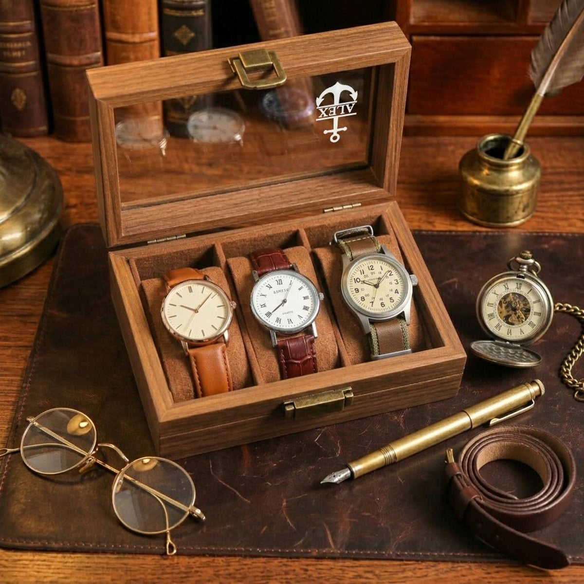 Personalized Engraved Wooden Watch Box, Custom 1/3 Slot Watch Case, Father's Day Gift for Dad, Glass Top Watch Storage Organizer
