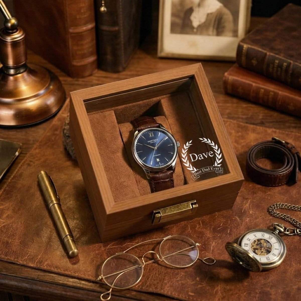 Personalized Engraved Wooden Watch Box, Custom 1/3 Slot Watch Case, Father's Day Gift for Dad, Glass Top Watch Storage Organizer