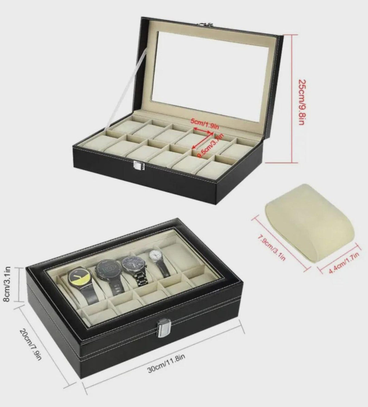 Personalized Father's Day Black Watch Box with Engraved Glass Lid