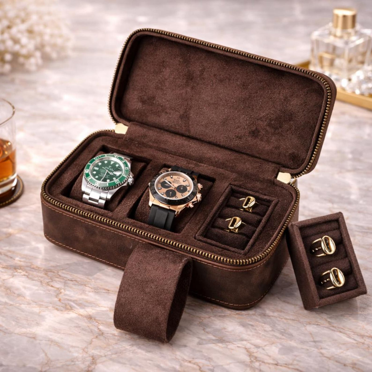 Personalized Leather Watch Box for Men, 3 Slot Watch Travel Case, Watch Roll with Ring & Cufflink Storage, Engraved Gift for Him