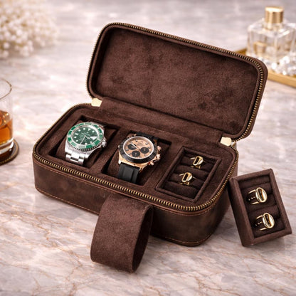 Personalized Leather Watch Box for Men, 3 Slot Watch Travel Case, Watch Roll with Ring & Cufflink Storage, Engraved Gift for Him