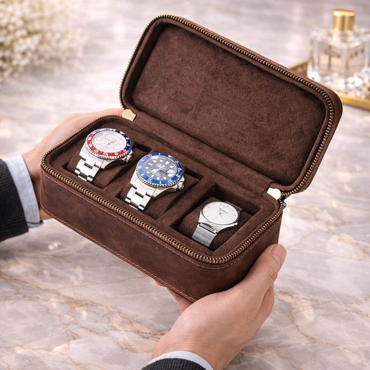 Personalized Leather Watch Box for Men, 3 Slot Watch Travel Case, Watch Roll with Ring & Cufflink Storage, Engraved Gift for Him
