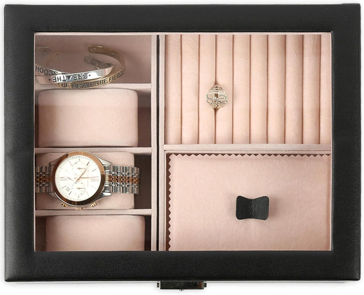 Personalized Jewelry Box, Engraved Initial Watch Case with Lock & Key, Suede Interior