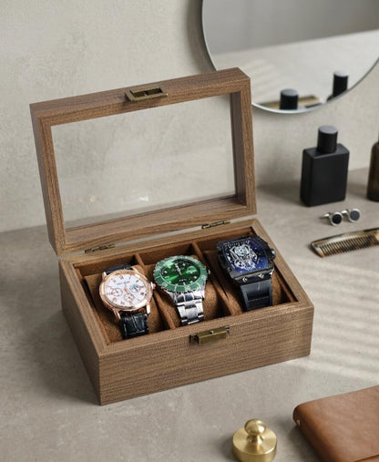 Personalized Watch Box for Men, Unique Father's Day Gift | Custom Glass Lid Watch Organizer, Walnut Tone Wood, 3 6 10 12 Slot Gift for Dad