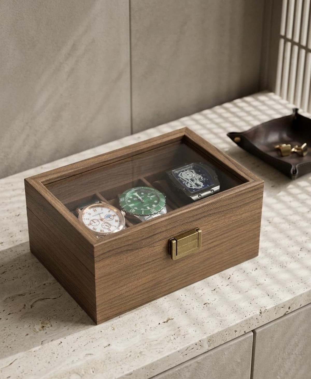 Personalized Watch Box for Men, Unique Father's Day Gift | Custom Glass Lid Watch Organizer, Walnut Tone Wood, 3 6 10 12 Slot Gift for Dad
