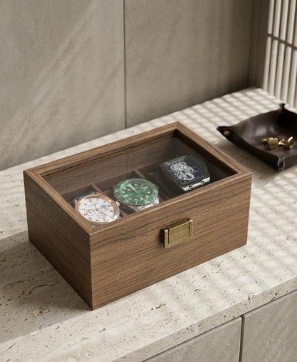 Personalized Watch Box for Men, Unique Father's Day Gift | Custom Glass Lid Watch Organizer, Walnut Tone Wood, 3 6 10 12 Slot Gift for Dad