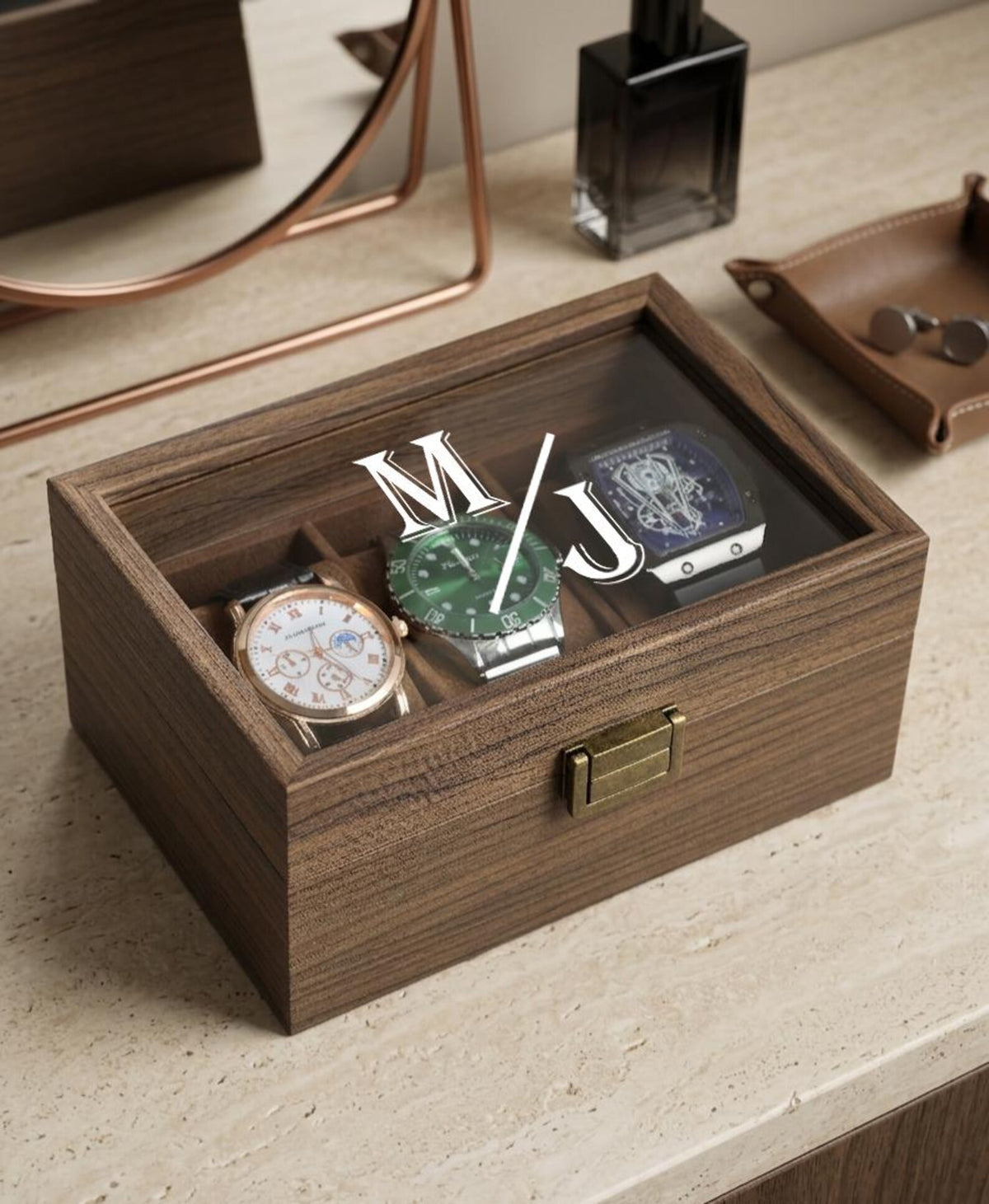 Personalized Watch Box for Men, Unique Father's Day Gift | Custom Glass Lid Watch Organizer, Walnut Tone Wood, 3 6 10 12 Slot Gift for Dad