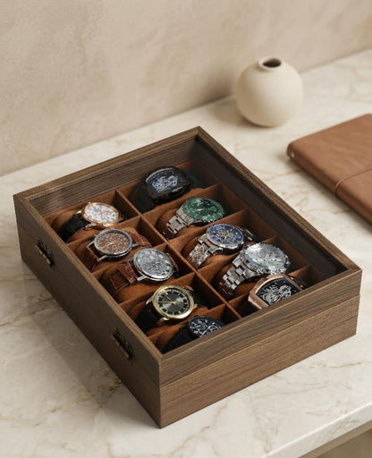 Personalized Watch Box for Men, Unique Father's Day Gift | Custom Glass Lid Watch Organizer, Walnut Tone Wood, 3 6 10 12 Slot Gift for Dad