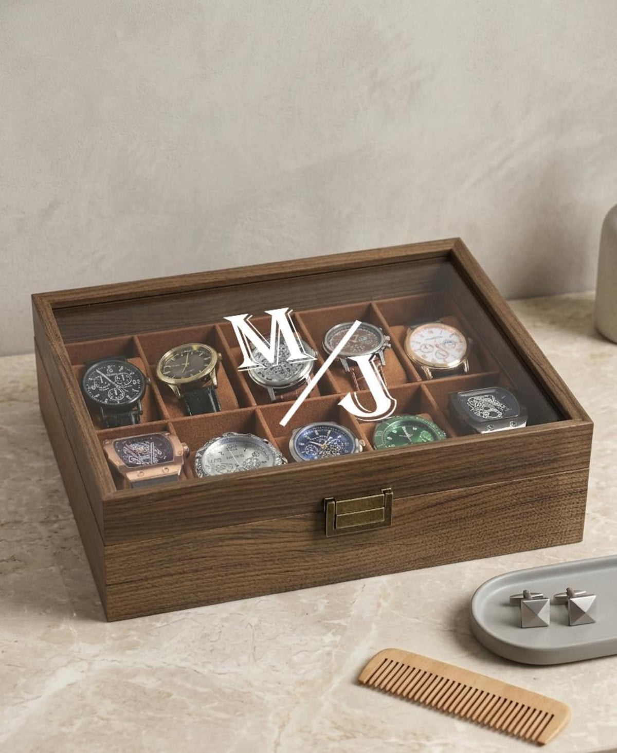 Personalized Watch Box for Men, Unique Father's Day Gift | Custom Glass Lid Watch Organizer, Walnut Tone Wood, 3 6 10 12 Slot Gift for Dad
