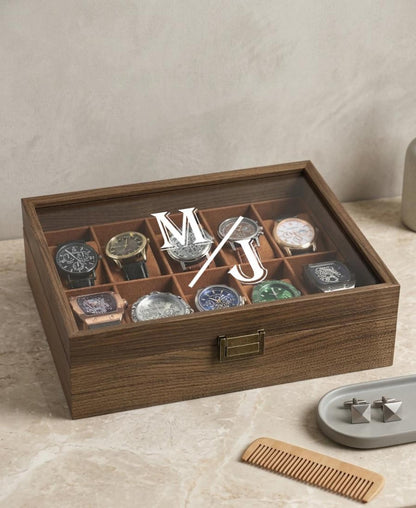 Personalized Watch Box for Men, Unique Father's Day Gift | Custom Glass Lid Watch Organizer, Walnut Tone Wood, 3 6 10 12 Slot Gift for Dad