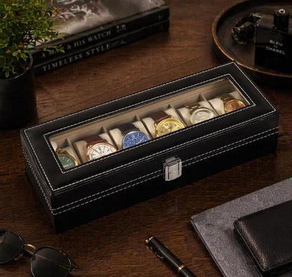 Personalized Father's Day Black Watch Box with Engraved Glass Lid
