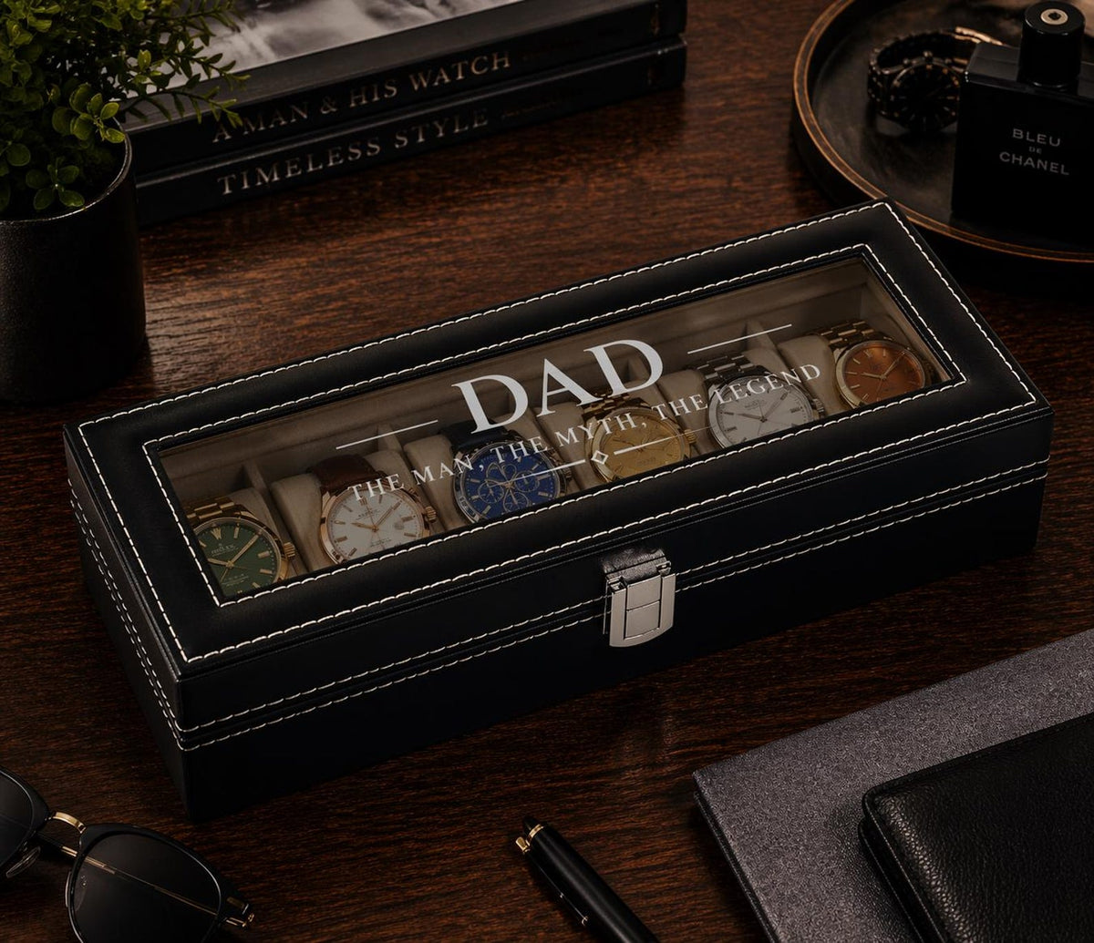 Personalized Father's Day Black Watch Box with Engraved Glass Lid