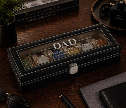 Personalized Father's Day Black Watch Box with Engraved Glass Lid