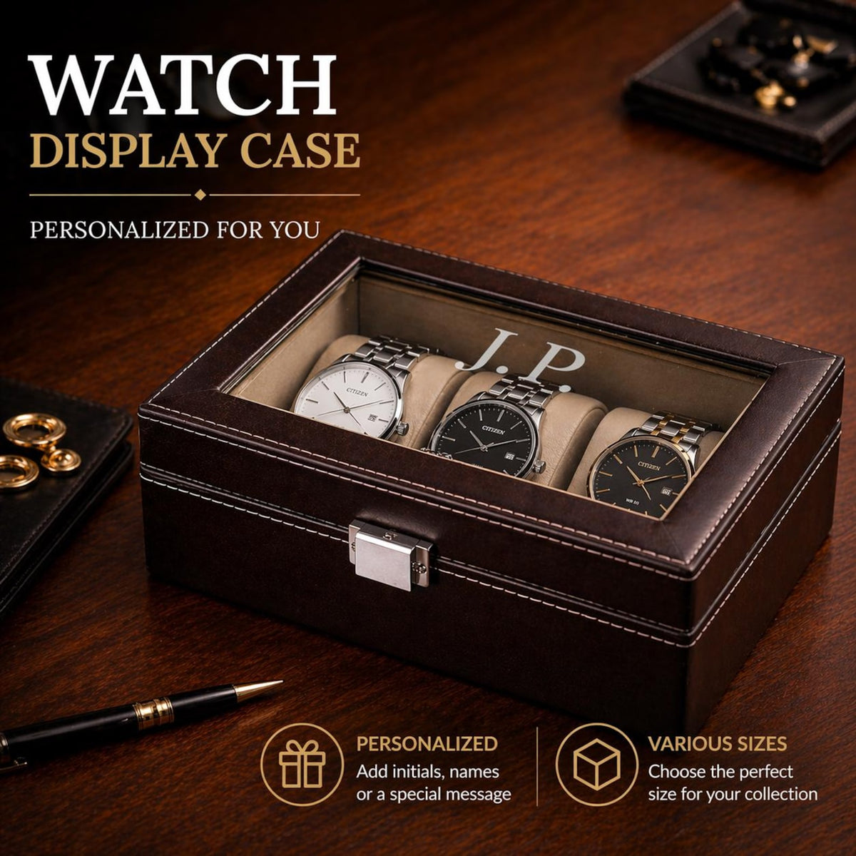 Personalized Father's Day Black Watch Box with Engraved Glass Lid